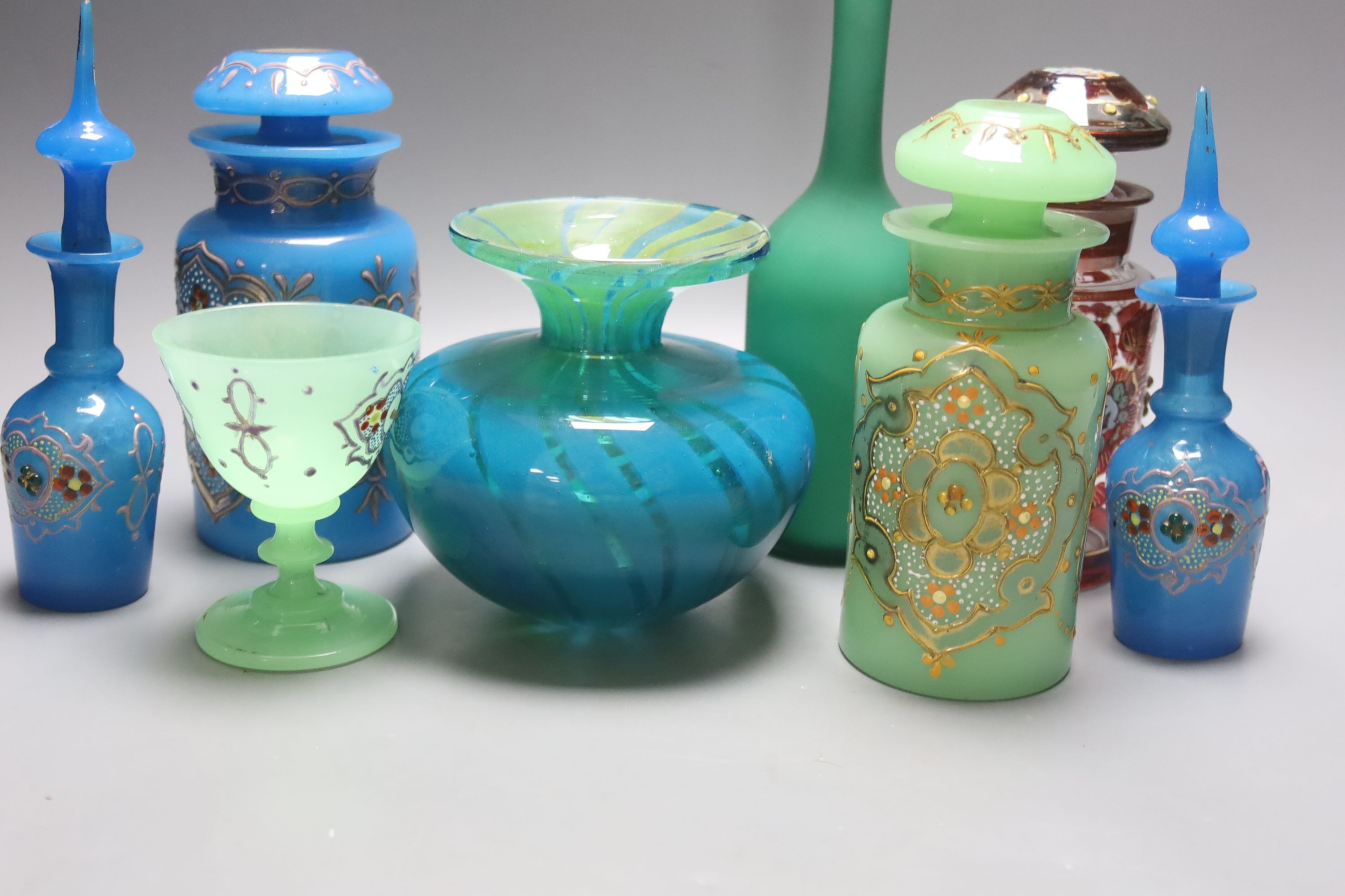 A Mdina Art glass vase and a quantity of coloured glassware, including a heavy ashtray and various 'jewelled' items